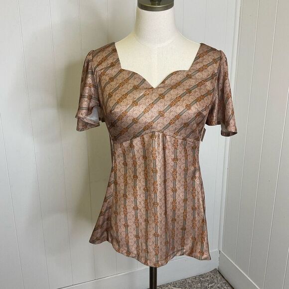 Vintage 1980's His for Her Women's Size 14 Brown Anchor Print Back Zipper Top - Picture 1 of 11